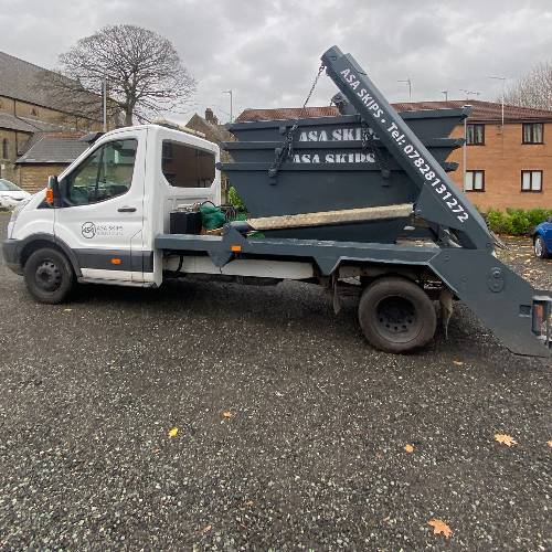 ASA Skips branded delivery truck - reliable skip hire in Hyde, Ashton and Tameside